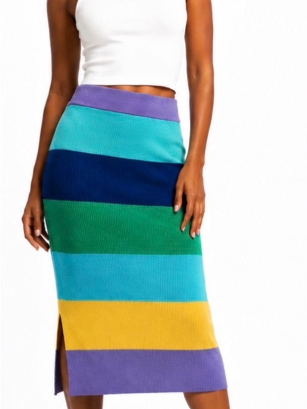 New York & Company Multicolor Striped Ribbed Midi Skirt